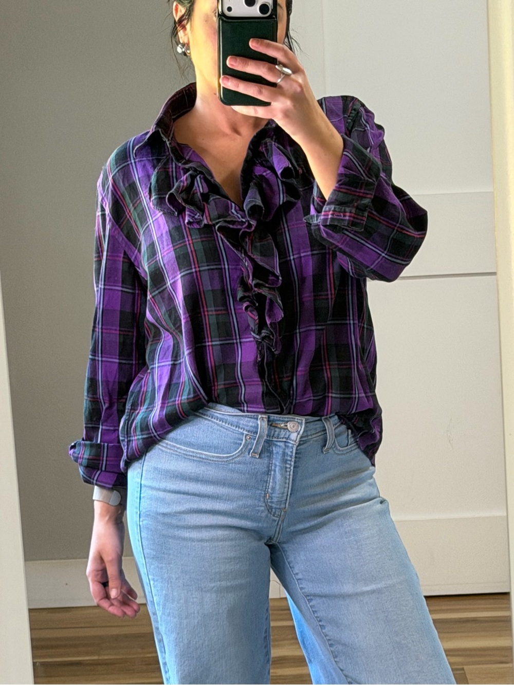 Ralph Lauren Purple Plaid Ruffle-Front Button Down Shirt